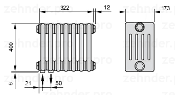 Схема (чертеж) Радиатор Zehnder Charleston 5040/7 №3370 Белый глянцевый RAL 9016